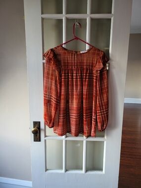 First Love By Lovelyn Plaid Sheer long ruffle puff Sleeves top sz S Boho